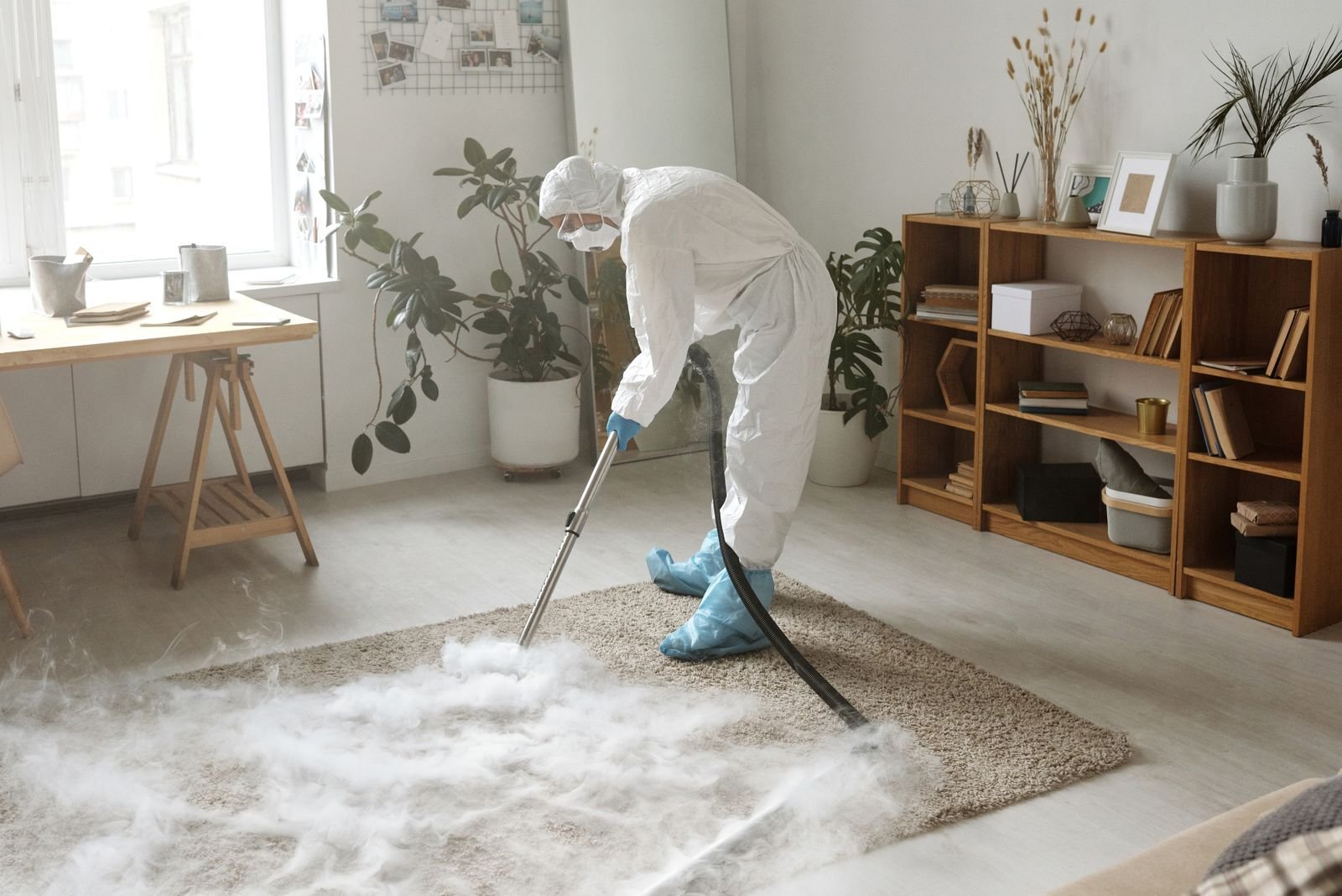 Technician in protective gear removing wet carpet after a leak