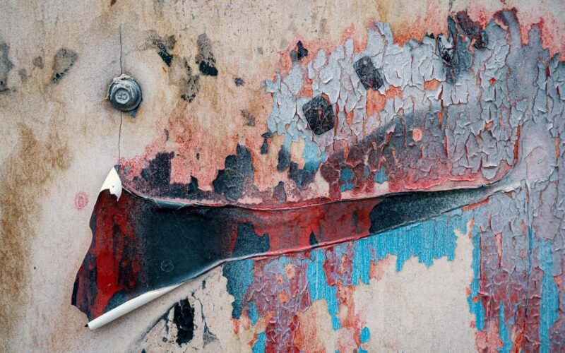 Damp cement wall stained with mold spots and blotches.
