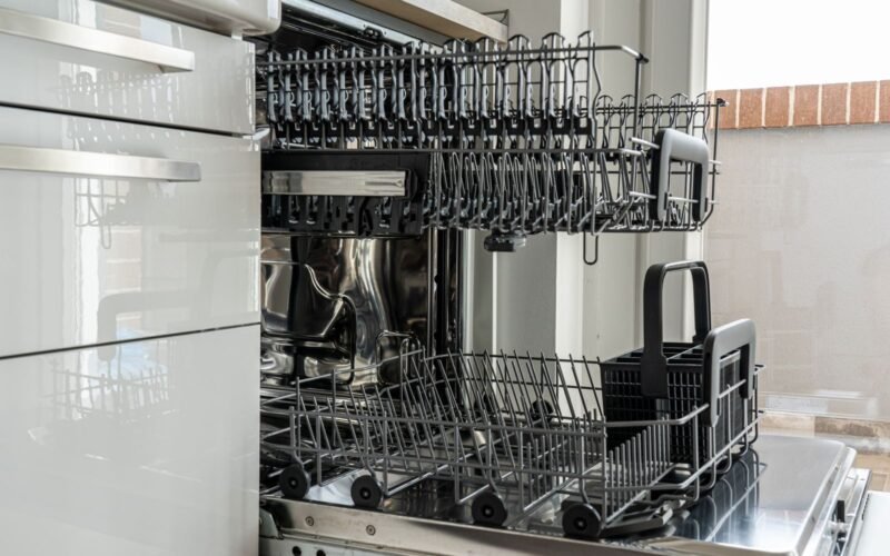 Open dishwasher in a kitchen, a common source of slow leaks.