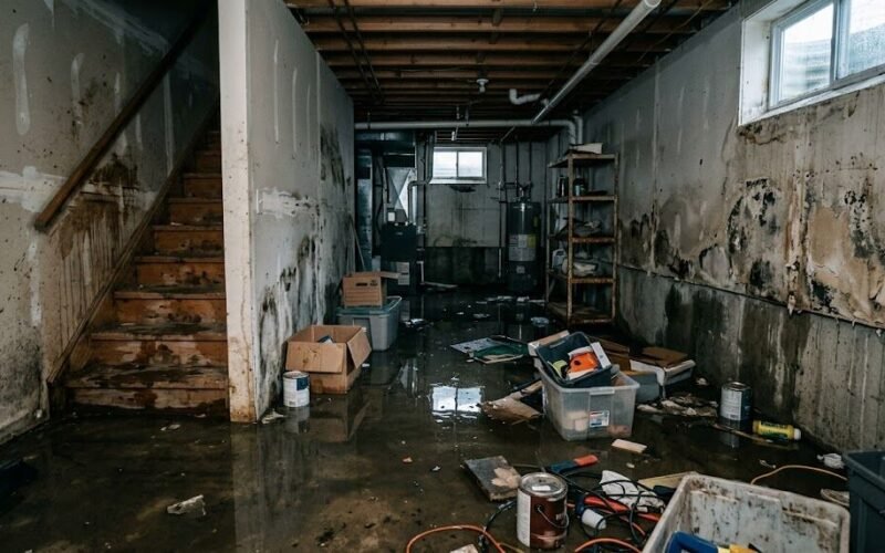 Flooded basement with standing water after water damage.