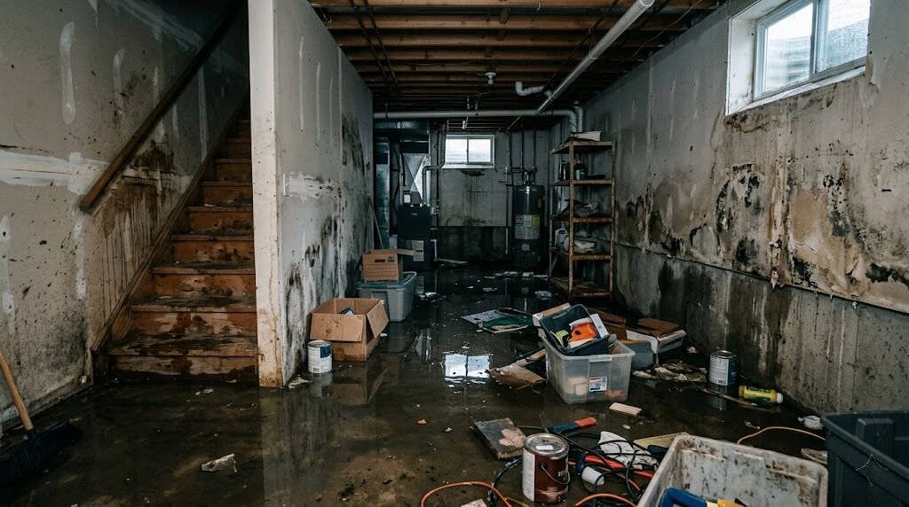 Standing floodwater inside a lower level room