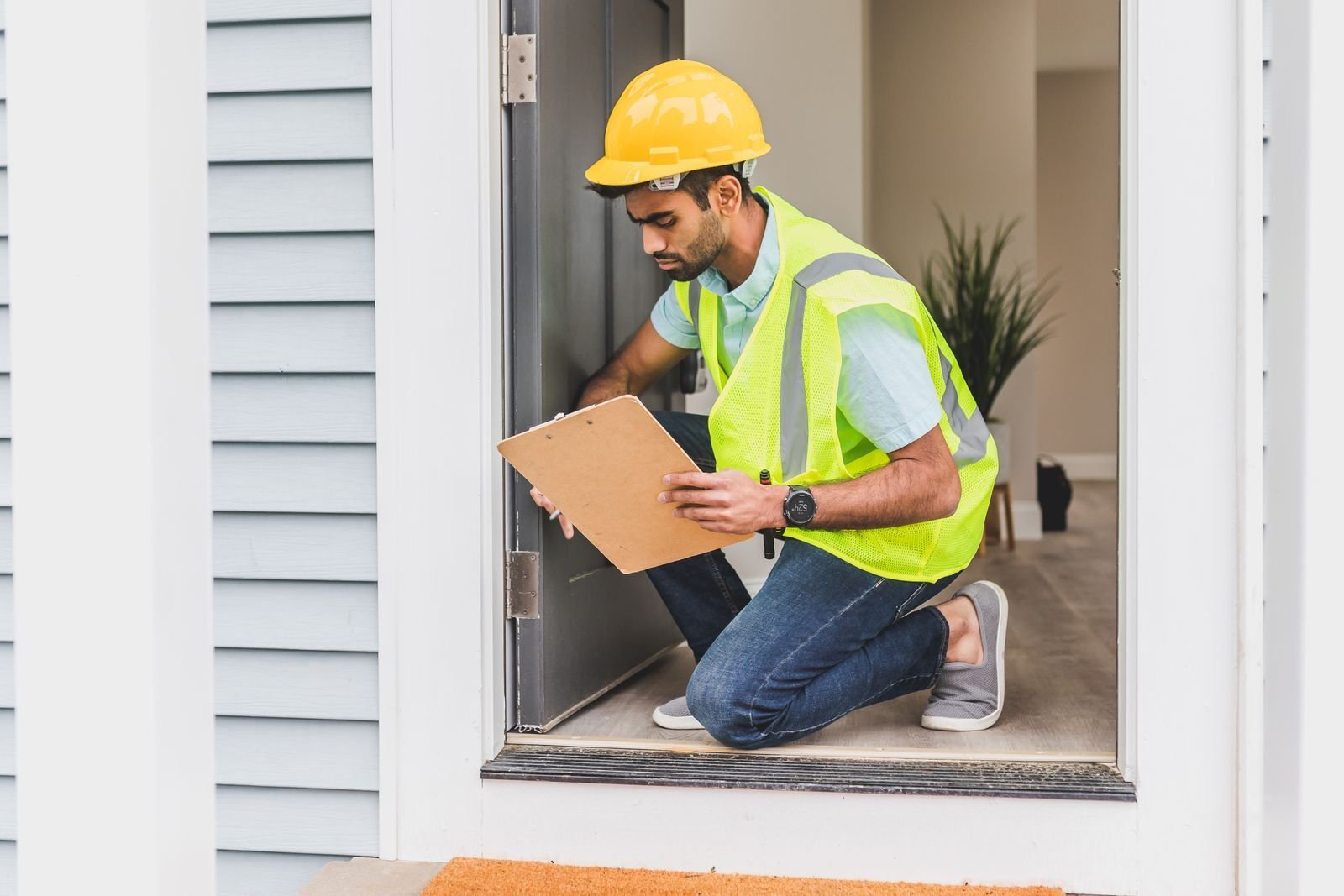 Technician scanning an interior wall for hidden moisture during an inspection