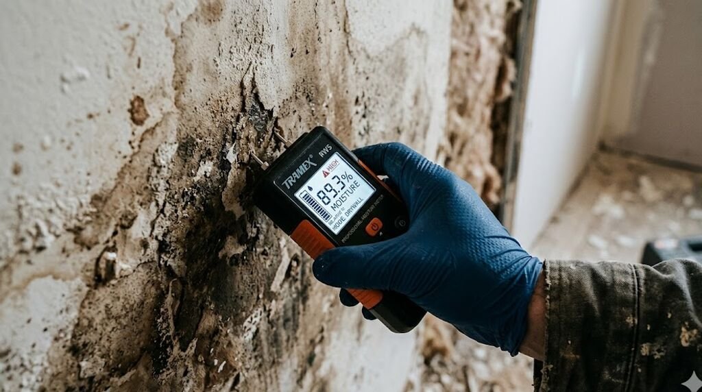 Technician taking a moisture reading on a wall before deciding what to remove