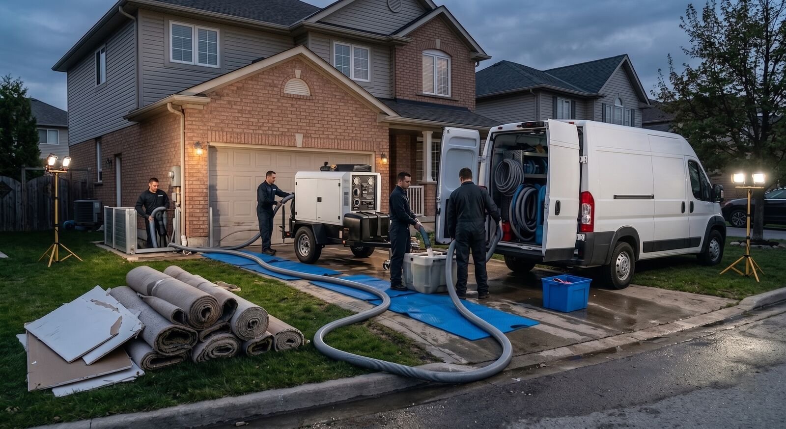 Water damage restoration technician setting up drying equipment in a Denton home