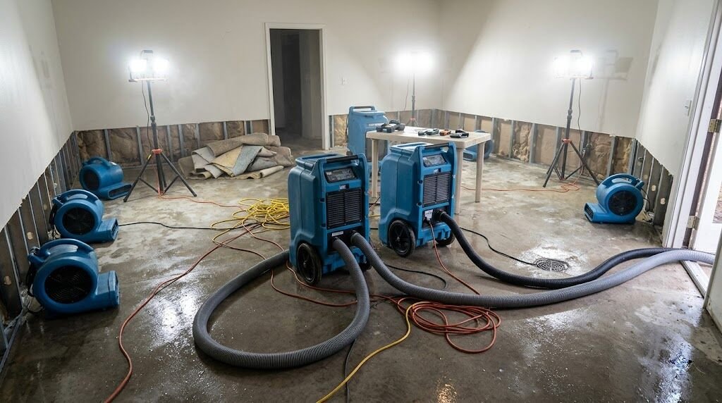 Air movers and a dehumidifier drying a room after water damage