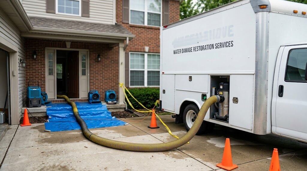 Technician extracting water from carpet with a portable extractor